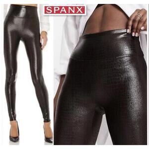 SPANX Size Small Faux Leather Crocodile Snakeskin Leggings BROWN Shapewear